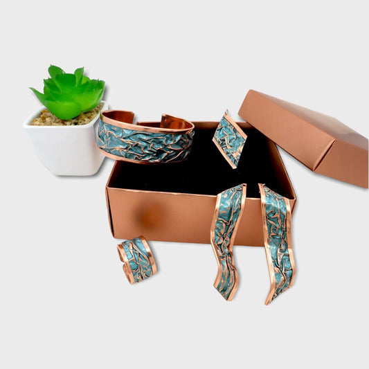 Turquoise  Copper Wrinkled Necklace Earring Adjustable Ring Bracelet Set Jewelry Handmade Christmast Birthday Anniversary Gift