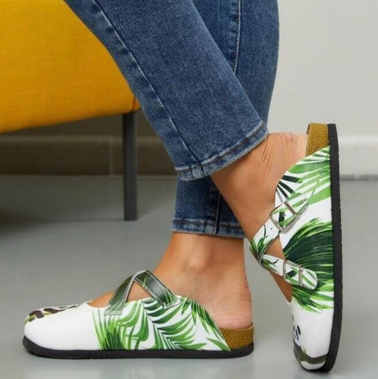  Panda Tree Cork Leather Cross Band Clogs, Slipper, Mules Boston Clogs, Anti Slip, Women, Super Comfy, Handmade, Low Heel