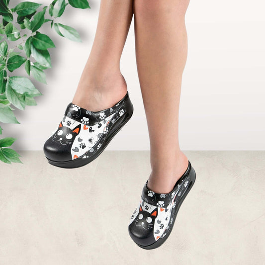  Black Cat Leather Clogs, Slippers, Mules, Nursing Clogs Handmade, High Heel, Platform, Gift for Her, Gift for Women, Slip Resistant