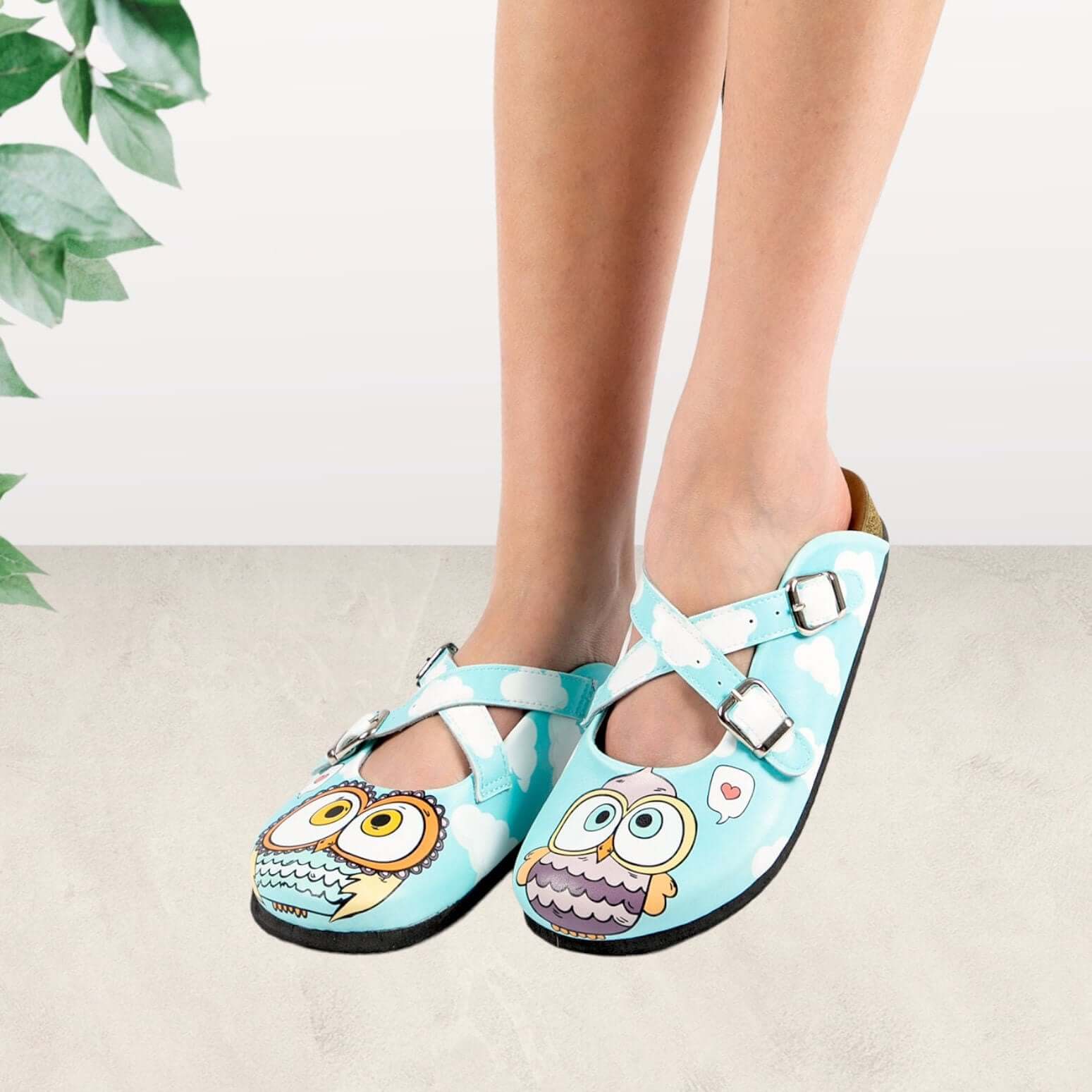 Blue Owl Handmade Leather Cross Band Cork Slipper Clogs Mules Boston Clogs, Gift for Women, Anti Slip Unisex, Super Comfy, Low Heel