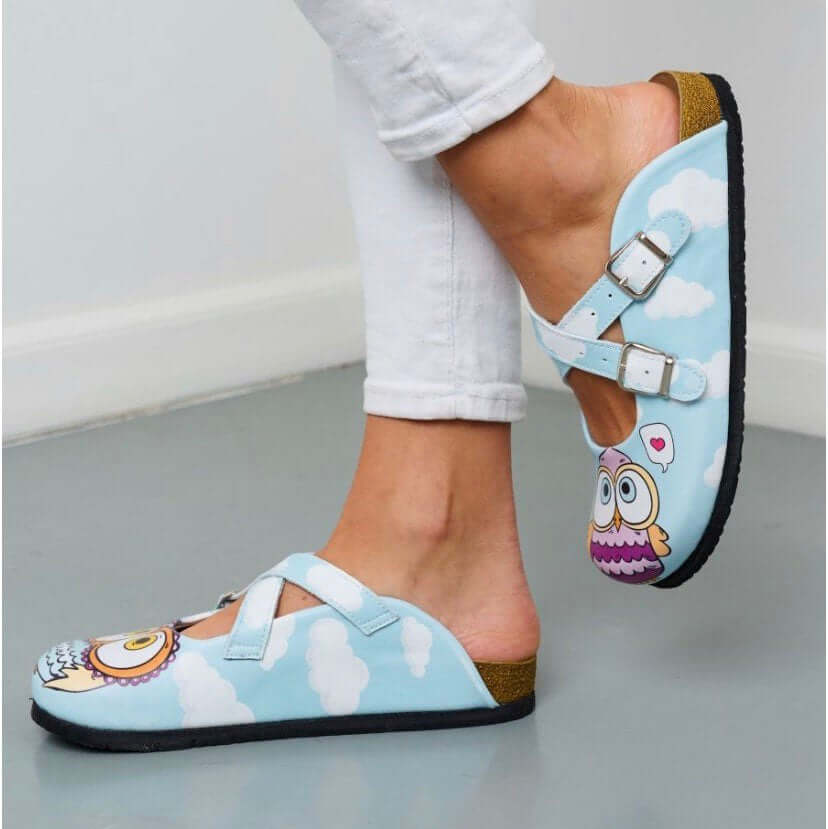  Blue Owl Handmade Leather Cross Band Cork Slipper Clogs Mules Boston Clogs, Gift for Women, Anti Slip Unisex, Super Comfy, Low Heel