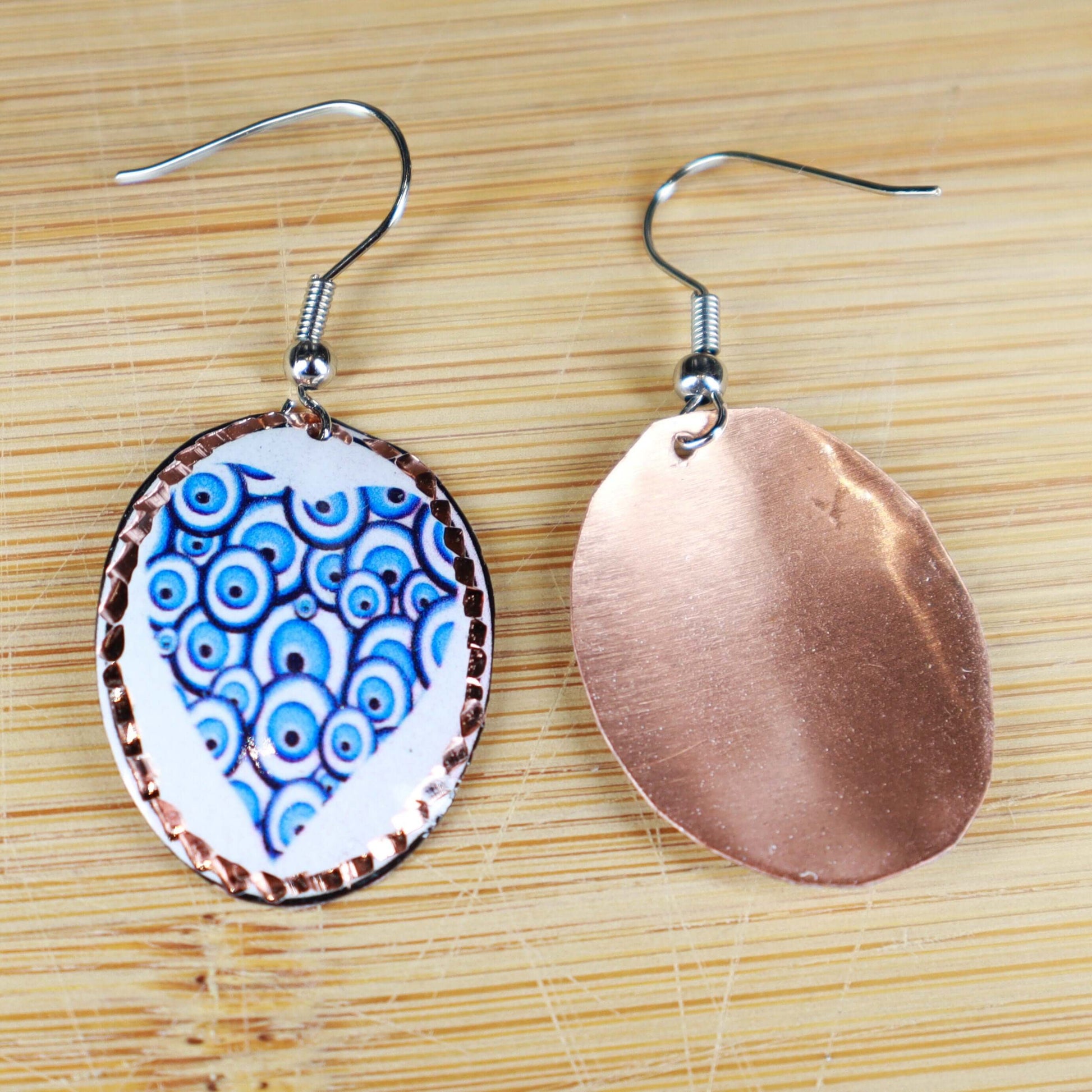  Blue White Heart Copper Circle Earring, Handmade Jewelry, Birthday, Anniversary Gift, Gift for her, Dangly Earring, Gift for Women