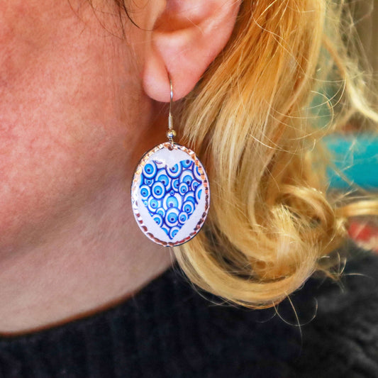 Blue White Heart Copper Circle Earring, Handmade Jewelry,  Birthday, Anniversary Gift, Gift for her, Dangly Earring, Gift for Women
