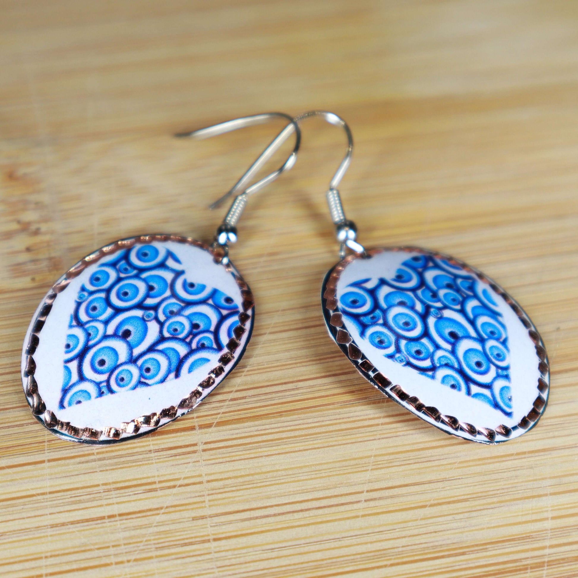  Blue White Heart Copper Circle Earring, Handmade Jewelry, Birthday, Anniversary Gift, Gift for her, Dangly Earring, Gift for Women