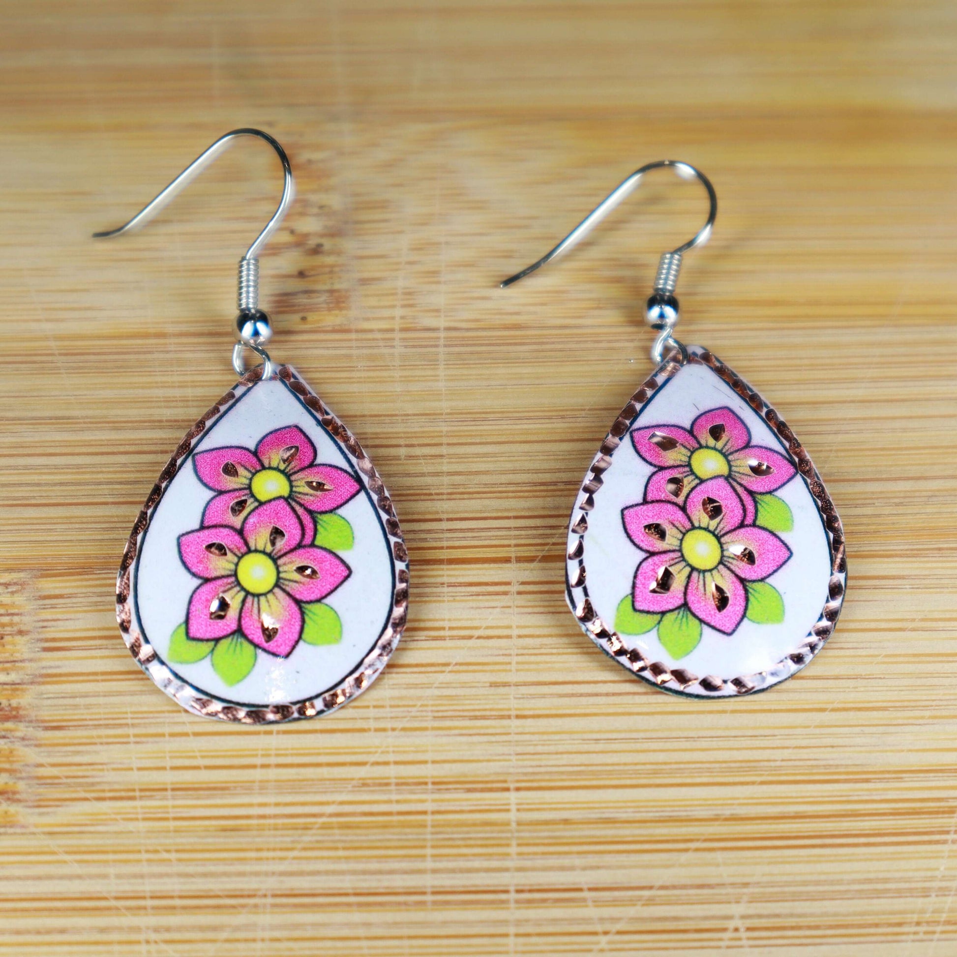 Pink Flower Copper Drop Shaped Earring Christmast Birthday Anniversary Gift, Gift for her, Dangly Earring, Gift for Women