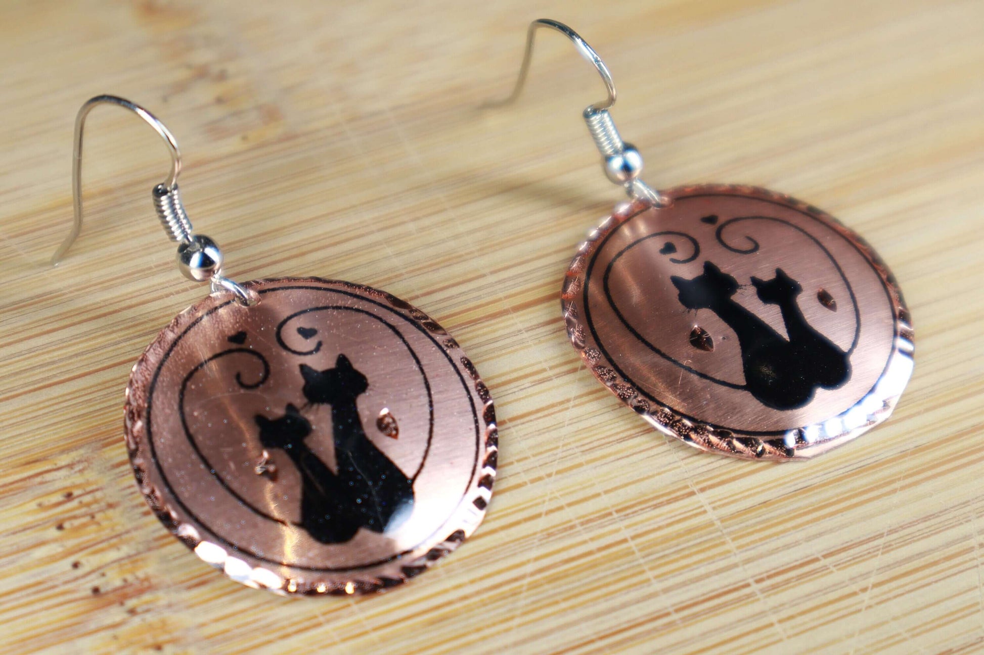 Cat Copper Circle Earring, Handmade Jewelry, Valantines Day, Birthday, Anniversary Gift, Gift for her, Dangly Earring, Gift for Women