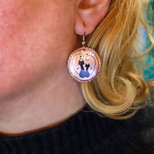 Cat Copper Circle Earring, Handmade Jewelry, Valantines Day, Birthday, Anniversary Gift, Gift for her, Dangly Earring, Gift for Women