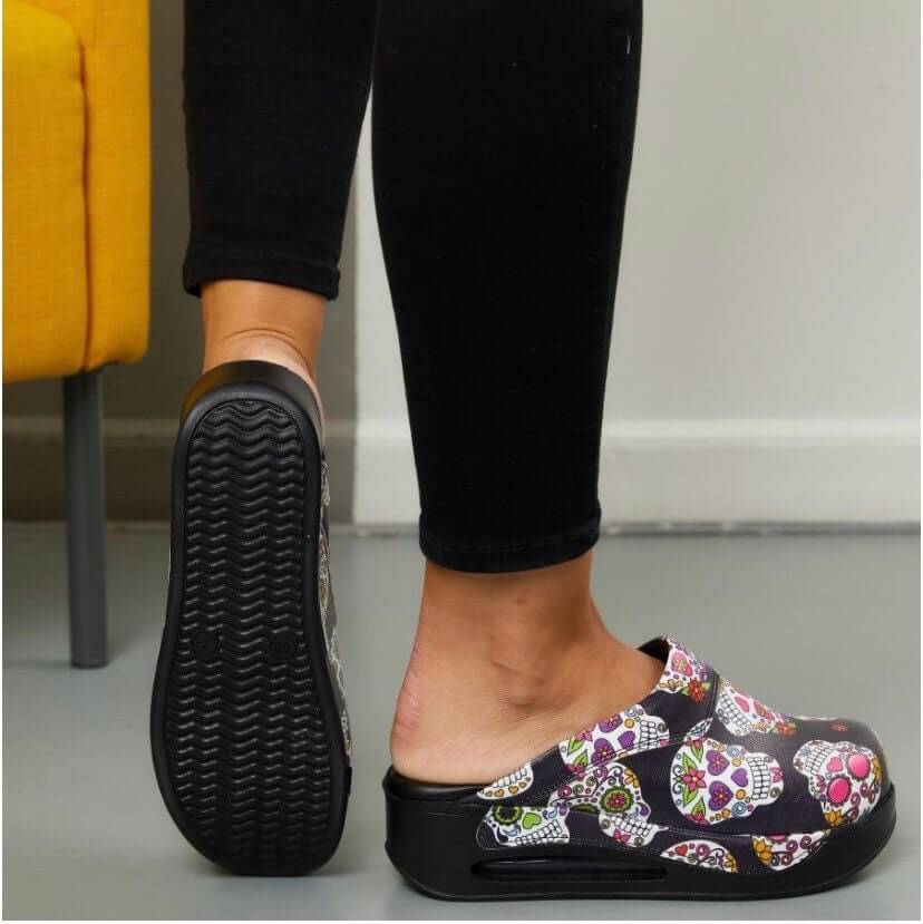 Skull Flower Leather Clogs / Slippers / Mules / Nursing Clogs Handmade, High Heel, Platform, Gift for Her, Gift for Women, Slip Resistant