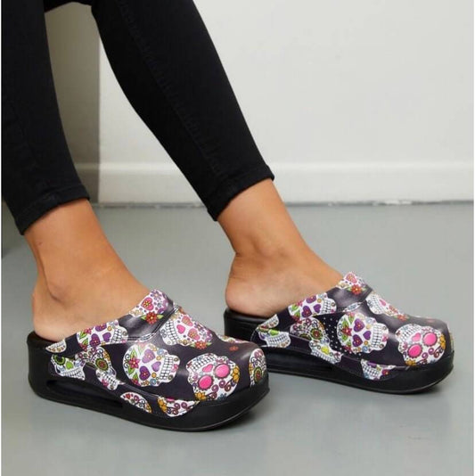 Skull Flower Leather Clogs / Slippers / Mules / Nursing Clogs Handmade, High Heel, Platform, Gift for Her, Gift for Women, Slip Resistant