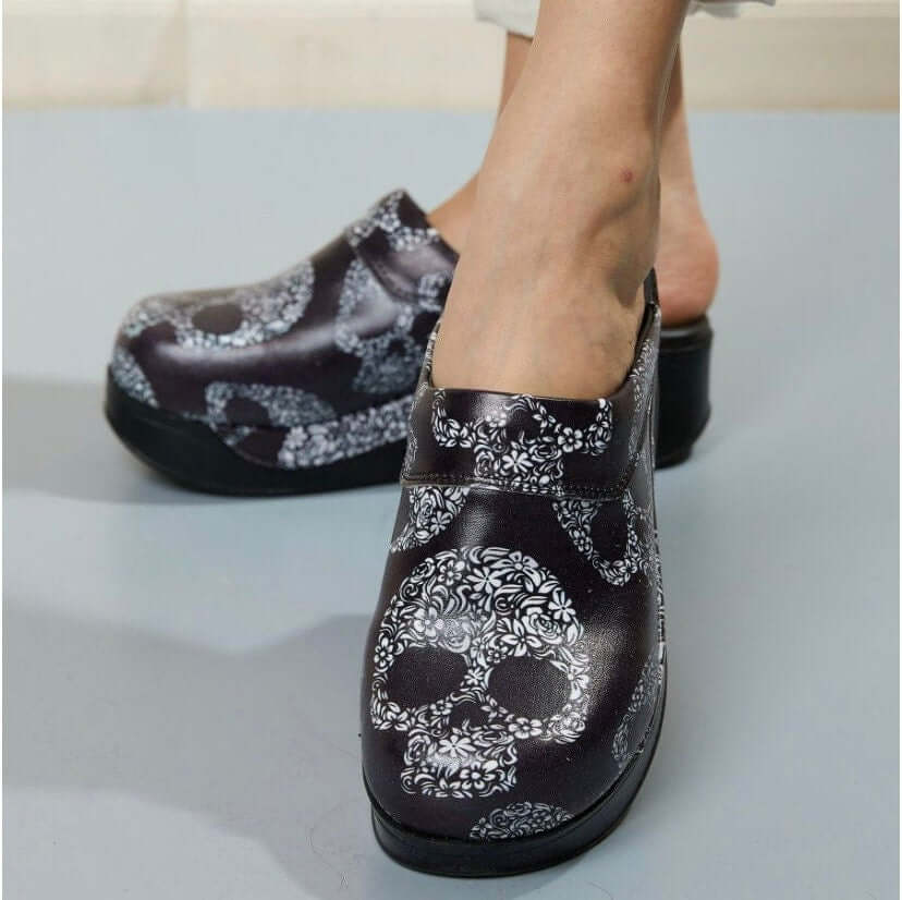 Skull Leather Clogs / Slippers / Mules / Nursing Clogs , High Heel, Platform, Outdoor, Indoor , Gift for Women, Slip Resistant