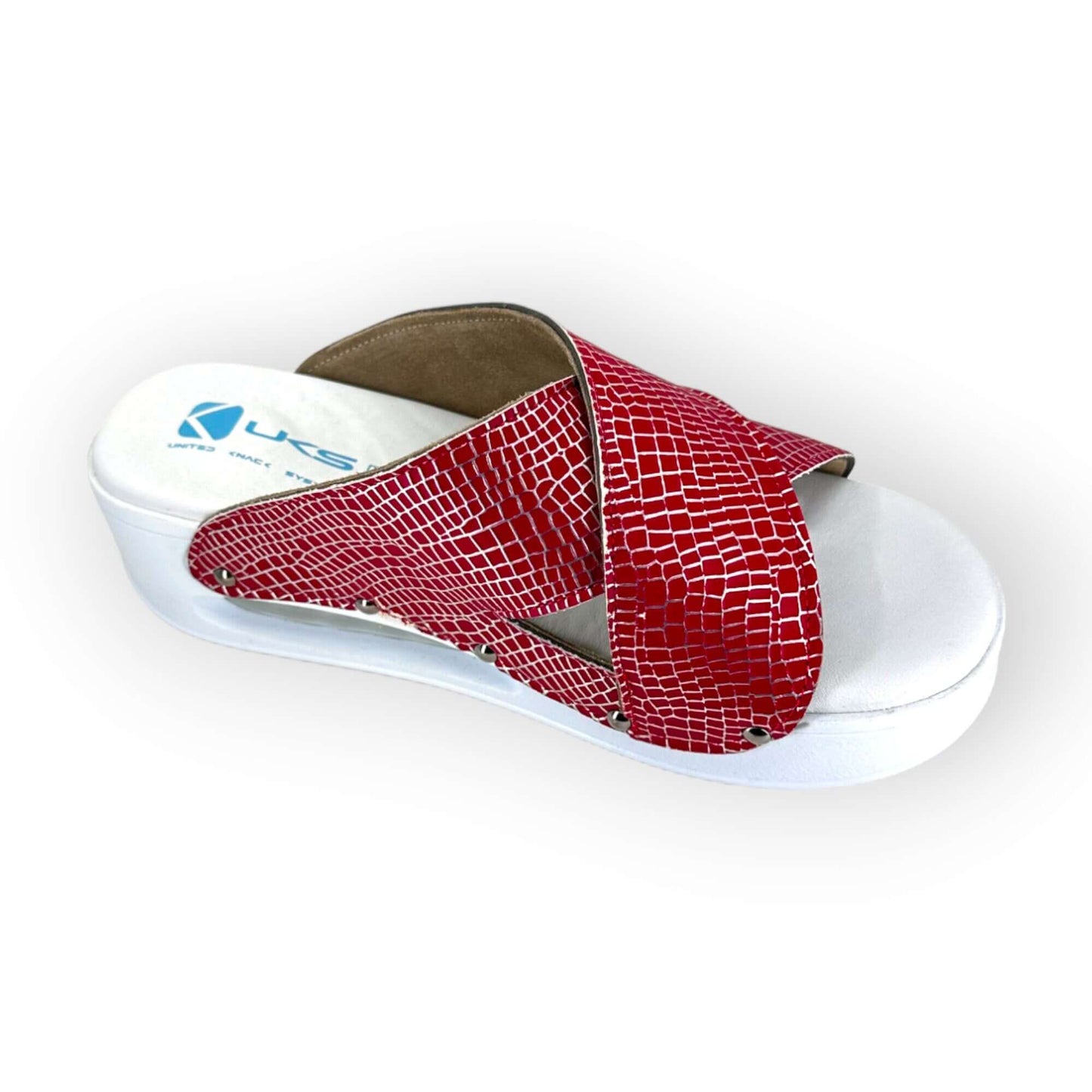 Red Silver Glittery Cross Band Air Clogx Leather Open Toe Slippers Clogs