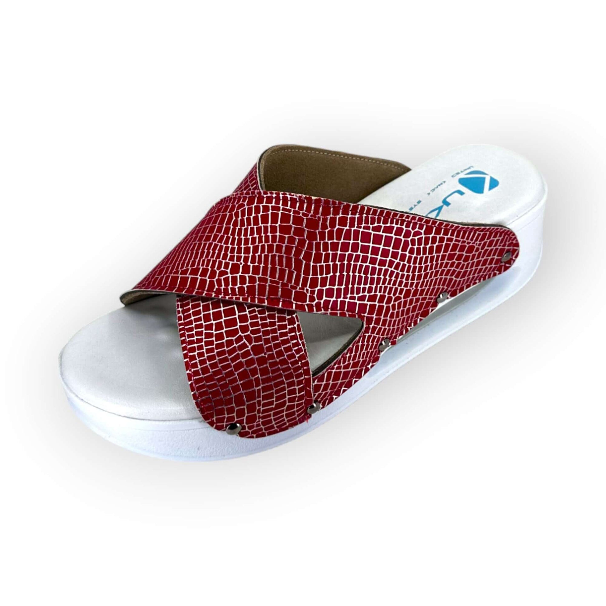 Red Silver Glittery Cross Band Air Clogx Leather Open Toe Slippers Clogs