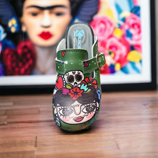 Green Frida Kahlo Air Clogx 224 Leather Clogs Slippers Mules Nursing Shoes Indoor Outdoor Anti-Slip Antibacterial