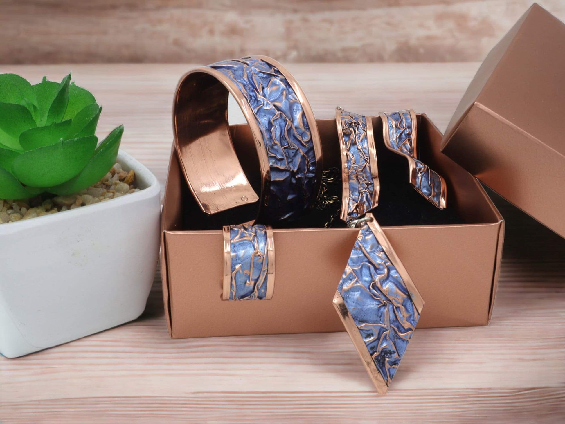  Blue Wrinkled Copper Jewelry Set Jewellery Bracelet Ring Earrings Necklace