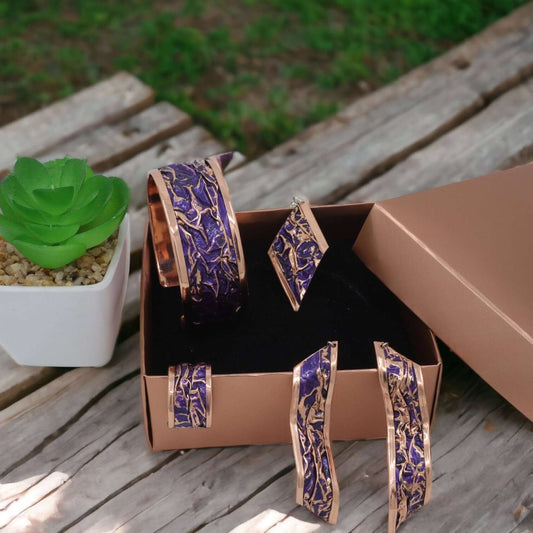  Purple Copper Wrinkled Necklace Earring Adjustable Ring Bracelet Set Jewellery