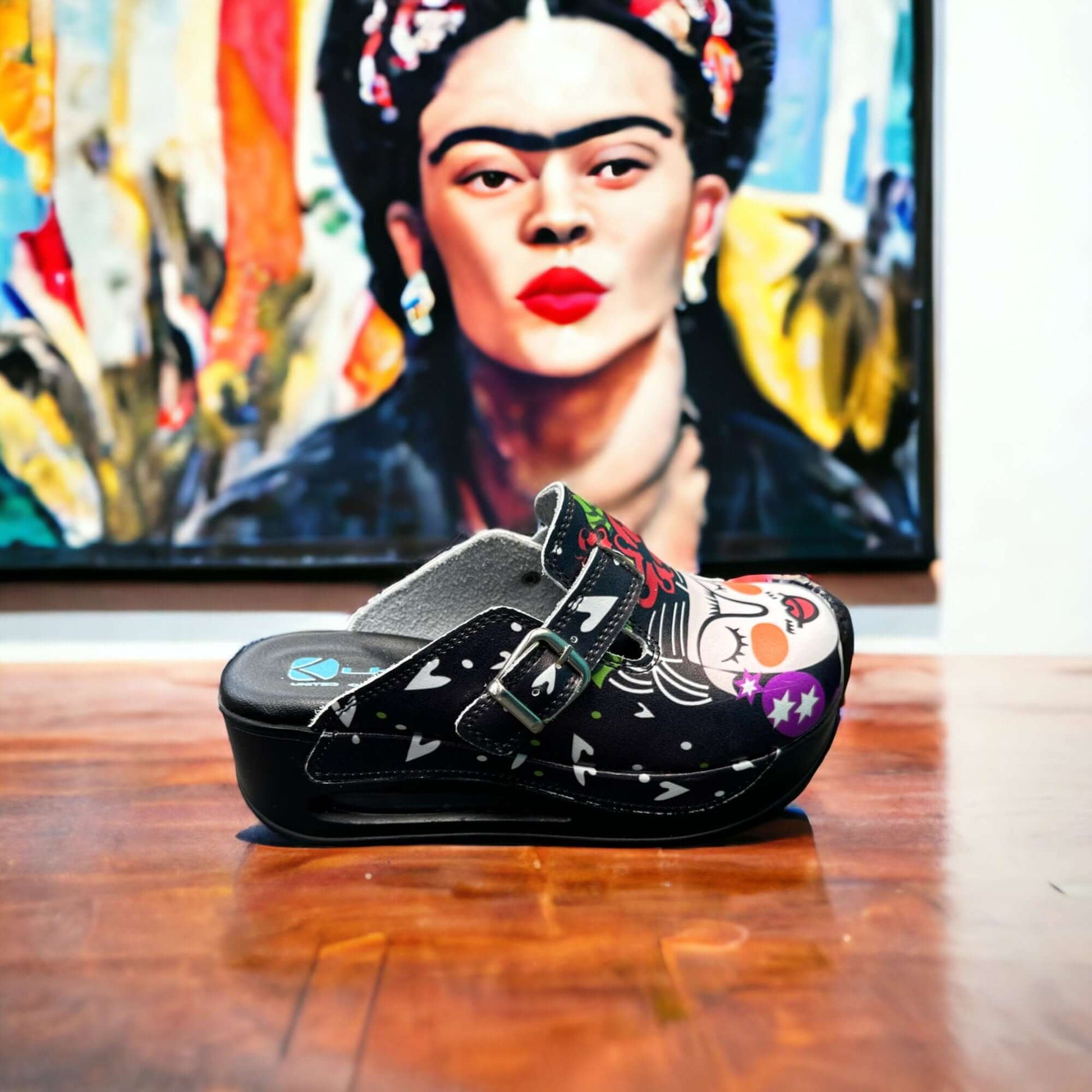  Black Frida Kahlo Air Clogx 224 Leather Clogs Slippers Mules Nursing Clogs White Sole Handmade, High Heel, Platform, Gift for Her, Gift for Women, Slip Resistant