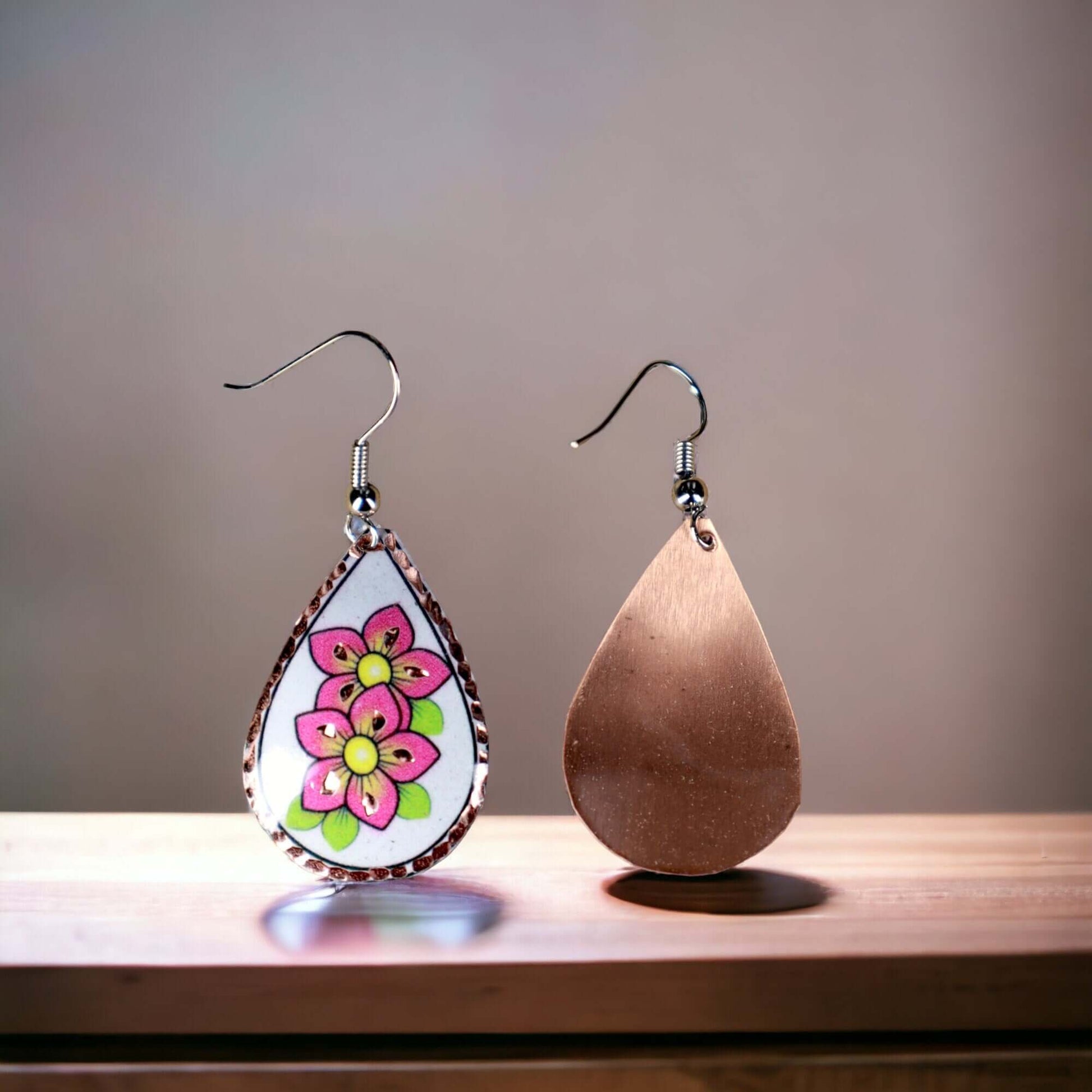 Pink Flower Copper Drop Shaped Earring Christmast Birthday Anniversary Gift, Gift for her, Dangly Earring, Gift for Women