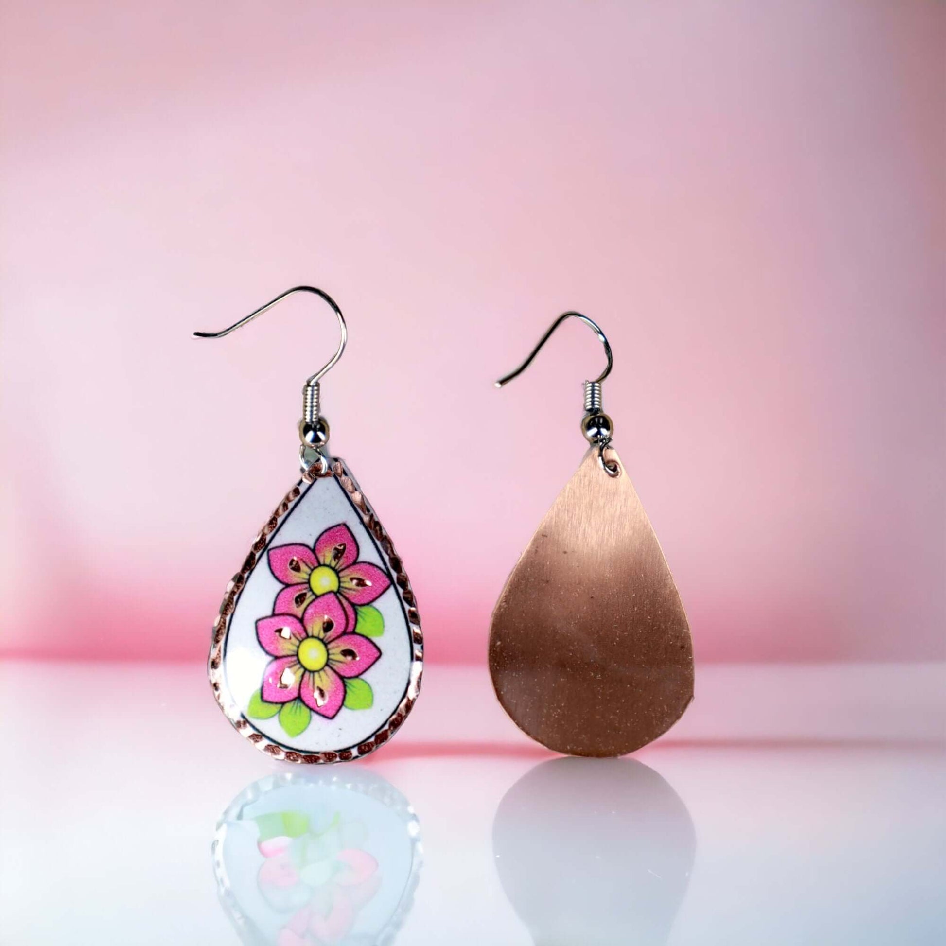 Pink Flower Copper Drop Shaped Earring Christmast Birthday Anniversary Gift, Gift for her, Dangly Earring, Gift for Women