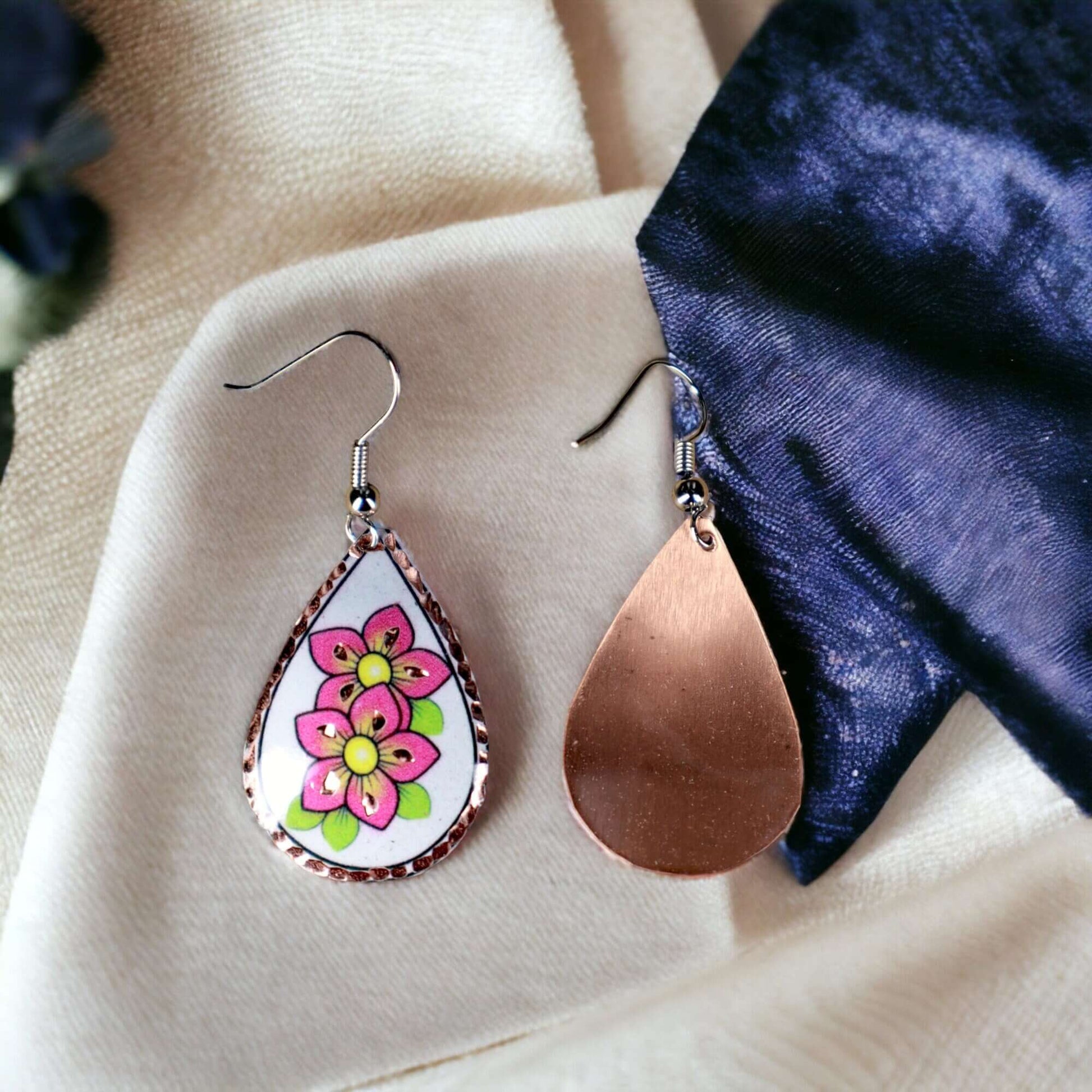 Pink Flower Copper Drop Shaped Earring Christmast Birthday Anniversary Gift, Gift for her, Dangly Earring, Gift for Women