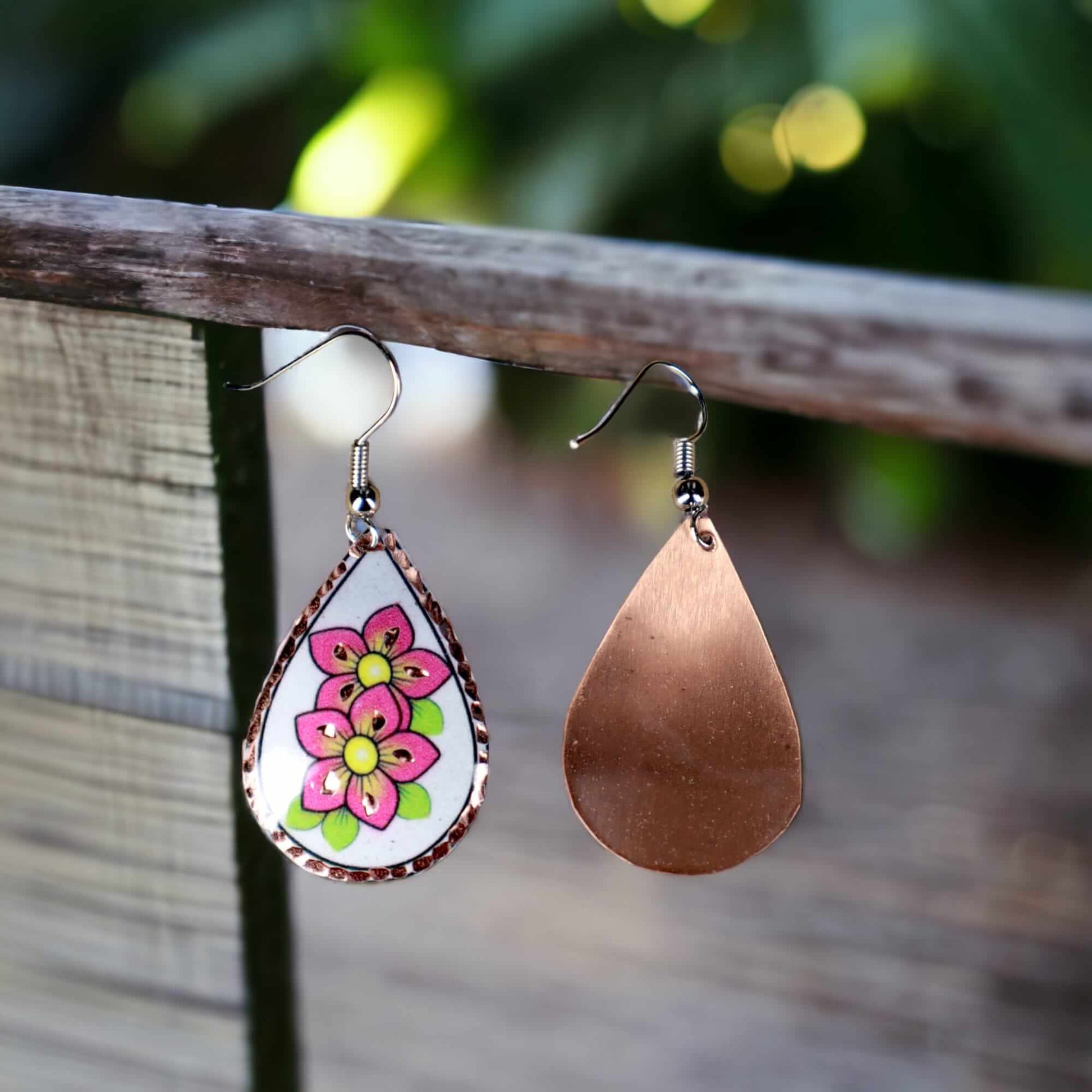 Pink Flower Copper Drop Shaped Earring Christmast Birthday Anniversary Gift, Gift for her, Dangly Earring, Gift for Women