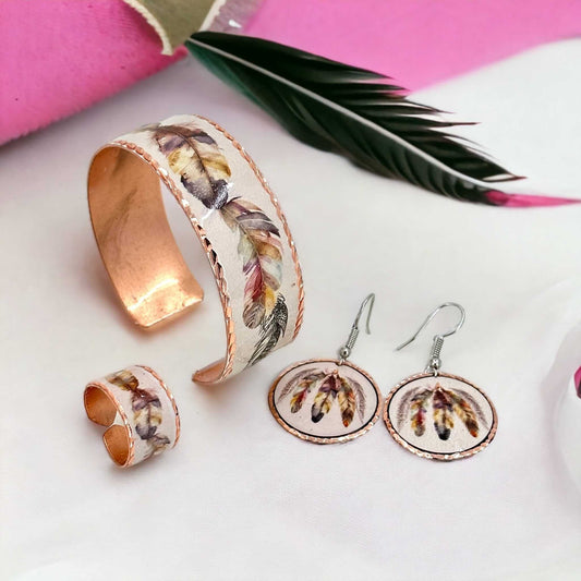  Feather Copper Adjustable Ring Bracelet Earrings Jewellery Set