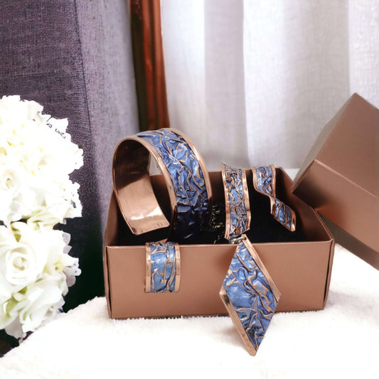  Blue Wrinkled Copper Jewelry Set Jewellery Bracelet Ring Earrings Necklace