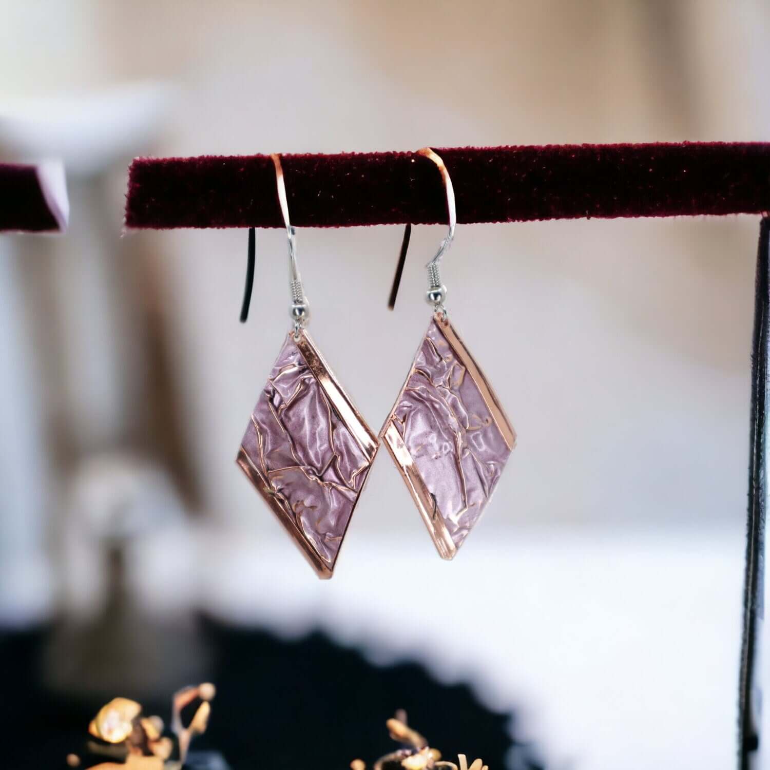  Pink Copper Wrinkled Necklace Earring Adjustable Ring Bracelet Set Christmast Birthday Anniversary Gift, Gift for her, Dangly Earring, Gift for Women