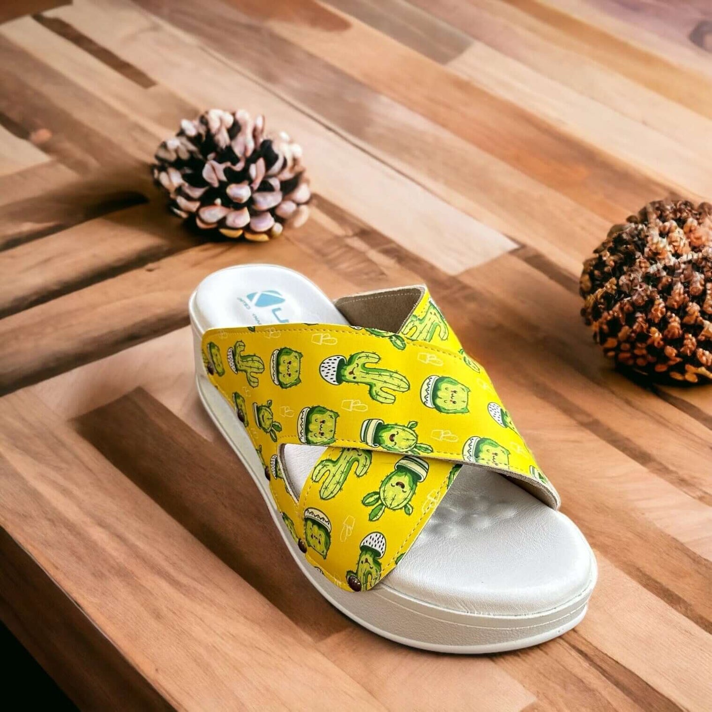 Cactus Pattern Cross Band Air Clogx Leather Slippers Clogs Sandals