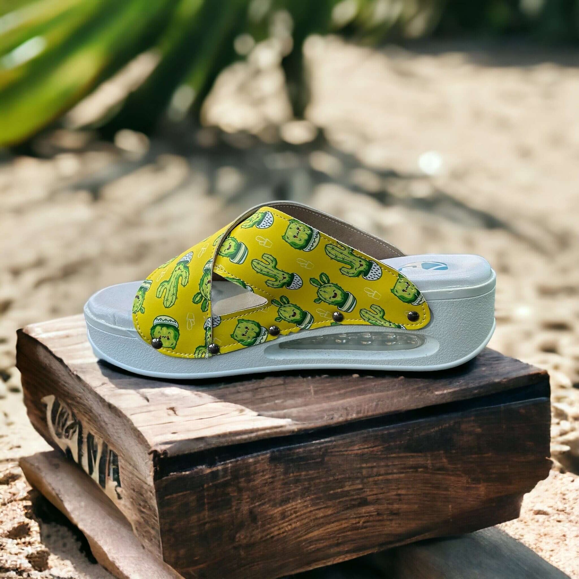 Cactus Pattern Cross Band Air Clogx Leather Slippers Clogs Sandals