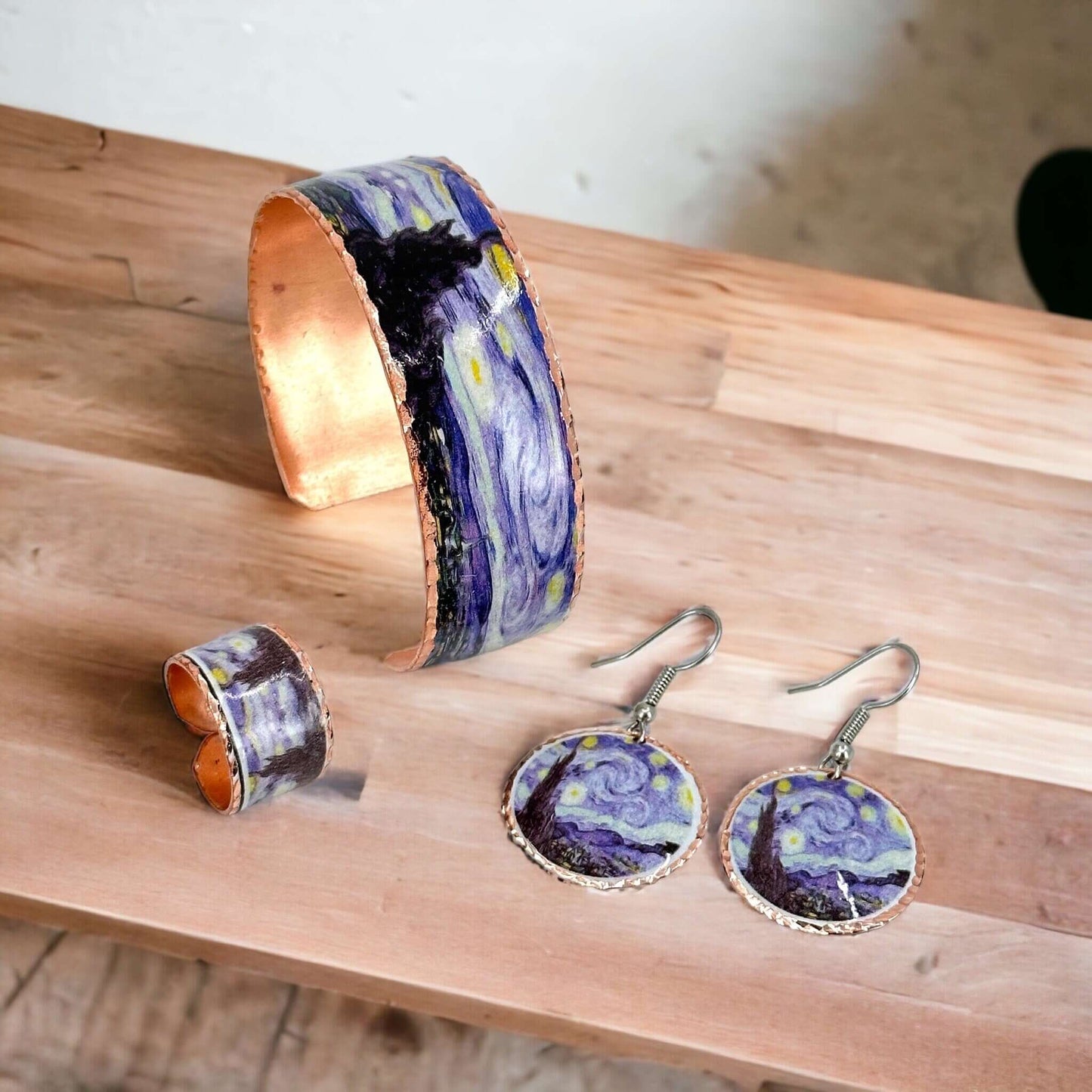  Van Gogh Starry Night Copper Adjustable Ring Earrings Bracelet Set