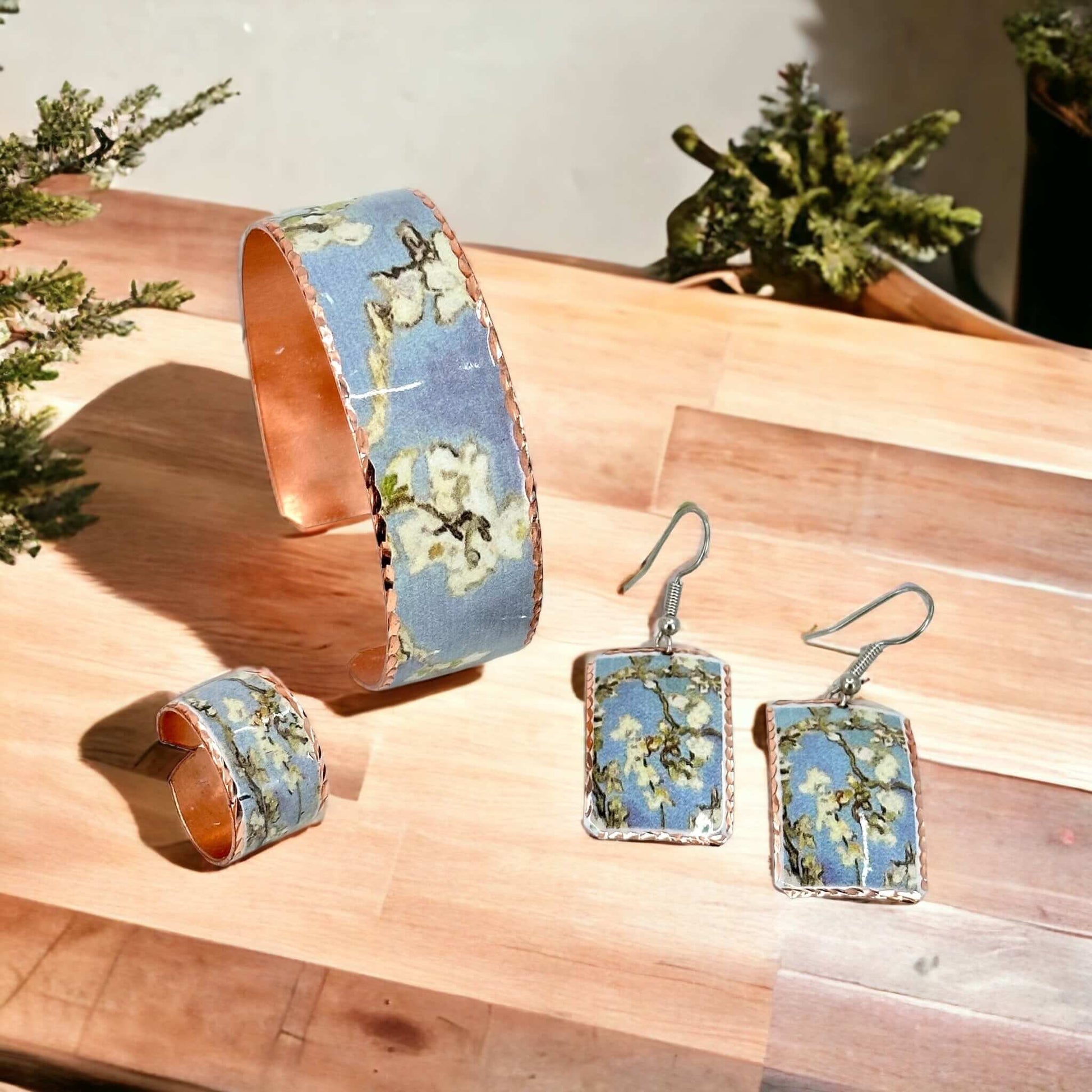 Van Gogh Almond Blossom Copper Adjustable Ring Earrings Bracelet Jewellery Set