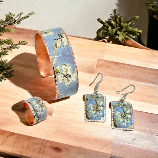 Van Gogh Almond Blossom Copper Adjustable Ring Earrings Bracelet Jewellery Set