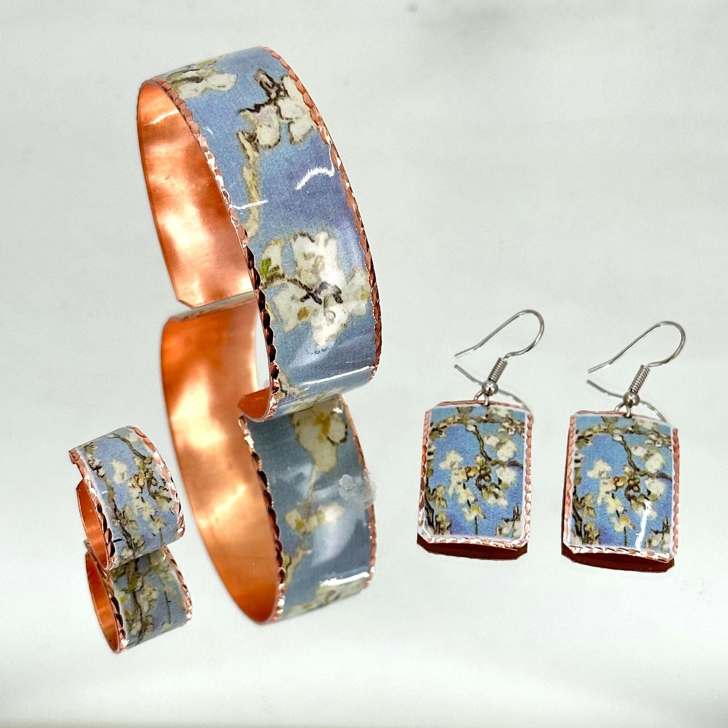 Van Gogh Almond Blossom Copper Adjustable Ring Earrings Bracelet Jewellery Set