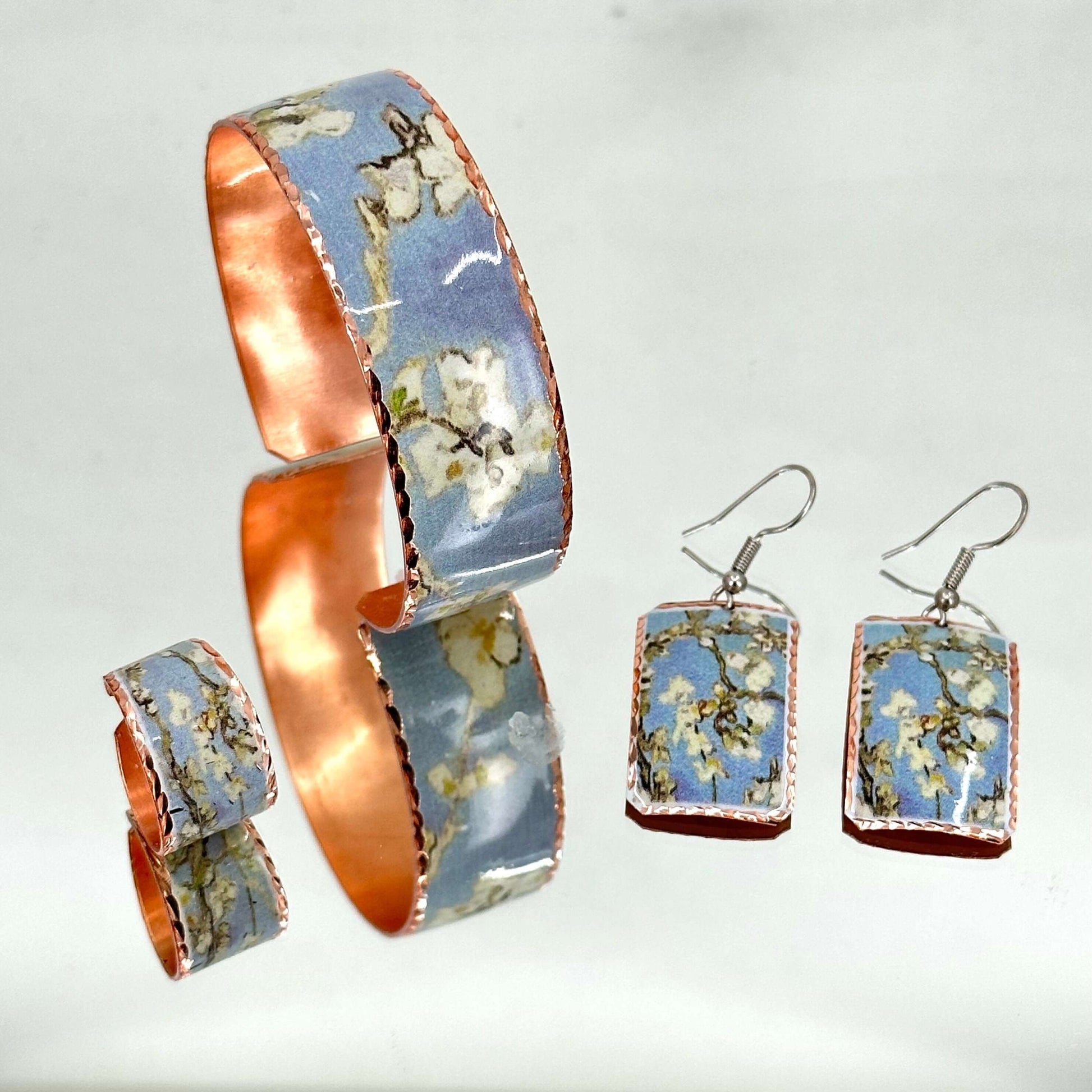 Van Gogh Almond Blossom Copper Adjustable Ring Earrings Bracelet Jewellery Set