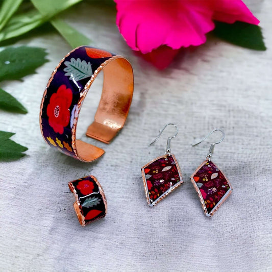 Purple Flowers Copper Adjustable Ring Bracelet Earrings Set Jewellery Anniversary Gift