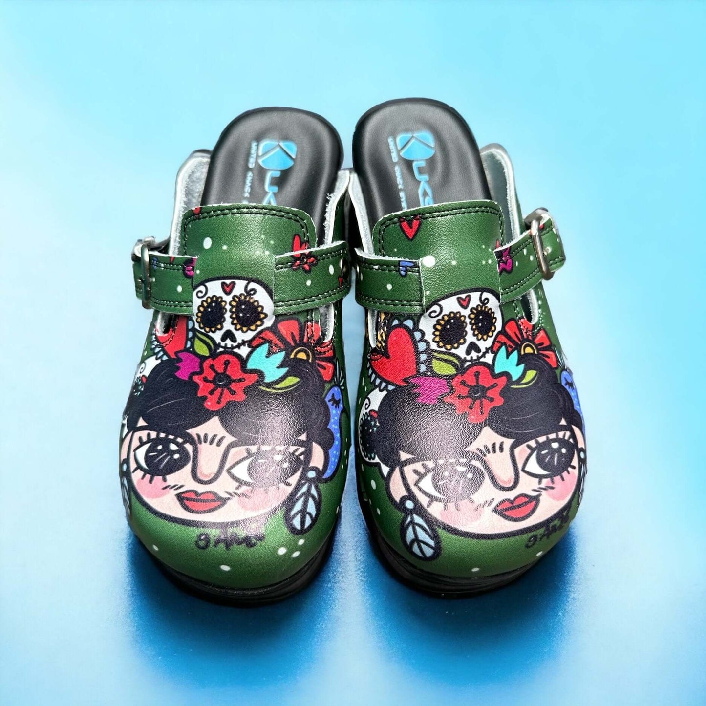 Green Frida Kahlo Air Clogx 224 Leather Clogs Slippers Mules Nursing Shoes Indoor Outdoor Anti-Slip Antibacterial