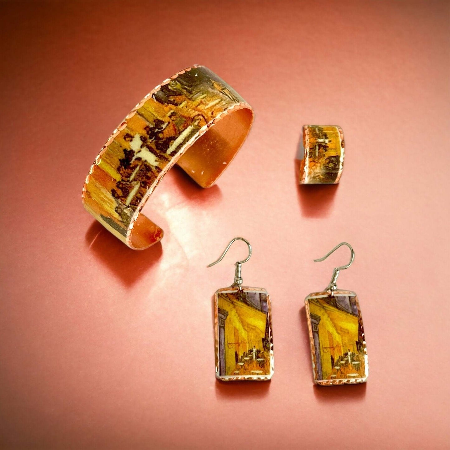 Vincent Van Gogh Cafe Terrace at Night Copper Adjustable Ring Bracelet Earrings Jewellery Set