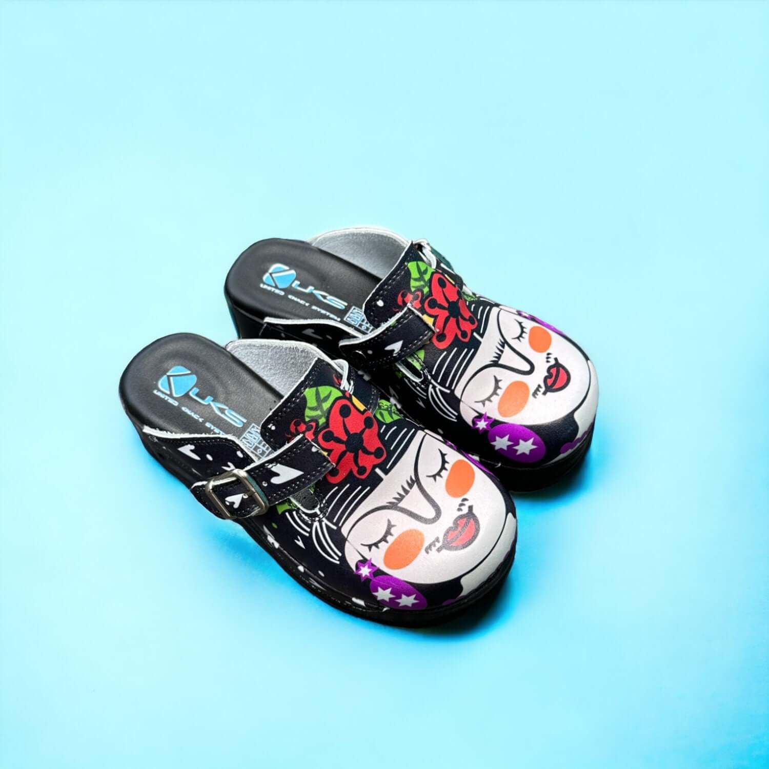  Black Frida Kahlo Air Clogx 224 Leather Clogs Slippers Mules Nursing Clogs White Sole Handmade, High Heel, Platform, Gift for Her, Gift for Women, Slip Resistant