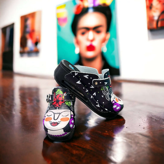  Black Frida Kahlo Air Clogx 224 Leather Clogs Slippers Mules Nursing Clogs White Sole Handmade, High Heel, Platform, Gift for Her, Gift for Women, Slip Resistant
