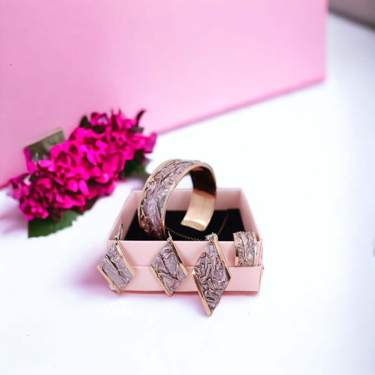 Pink Copper Wrinkled Necklace Earring Adjustable Ring Bracelet Set Christmast Birthday Anniversary Gift, Gift for her, Dangly Earring, Gift for Women