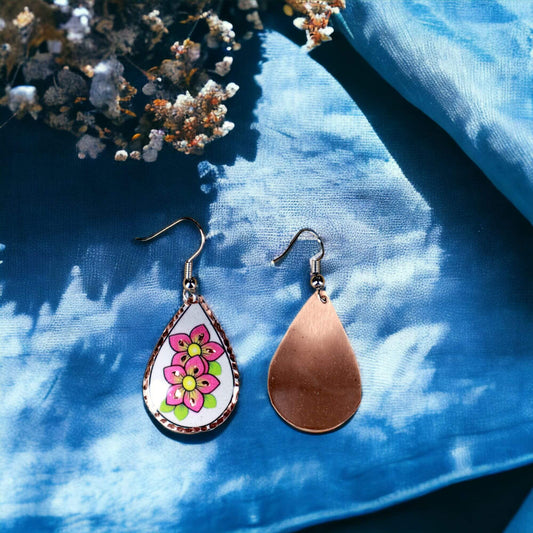 Pink Flower Copper Drop Shaped Earring Christmast Birthday Anniversary Gift, Gift for her, Dangly Earring, Gift for Women