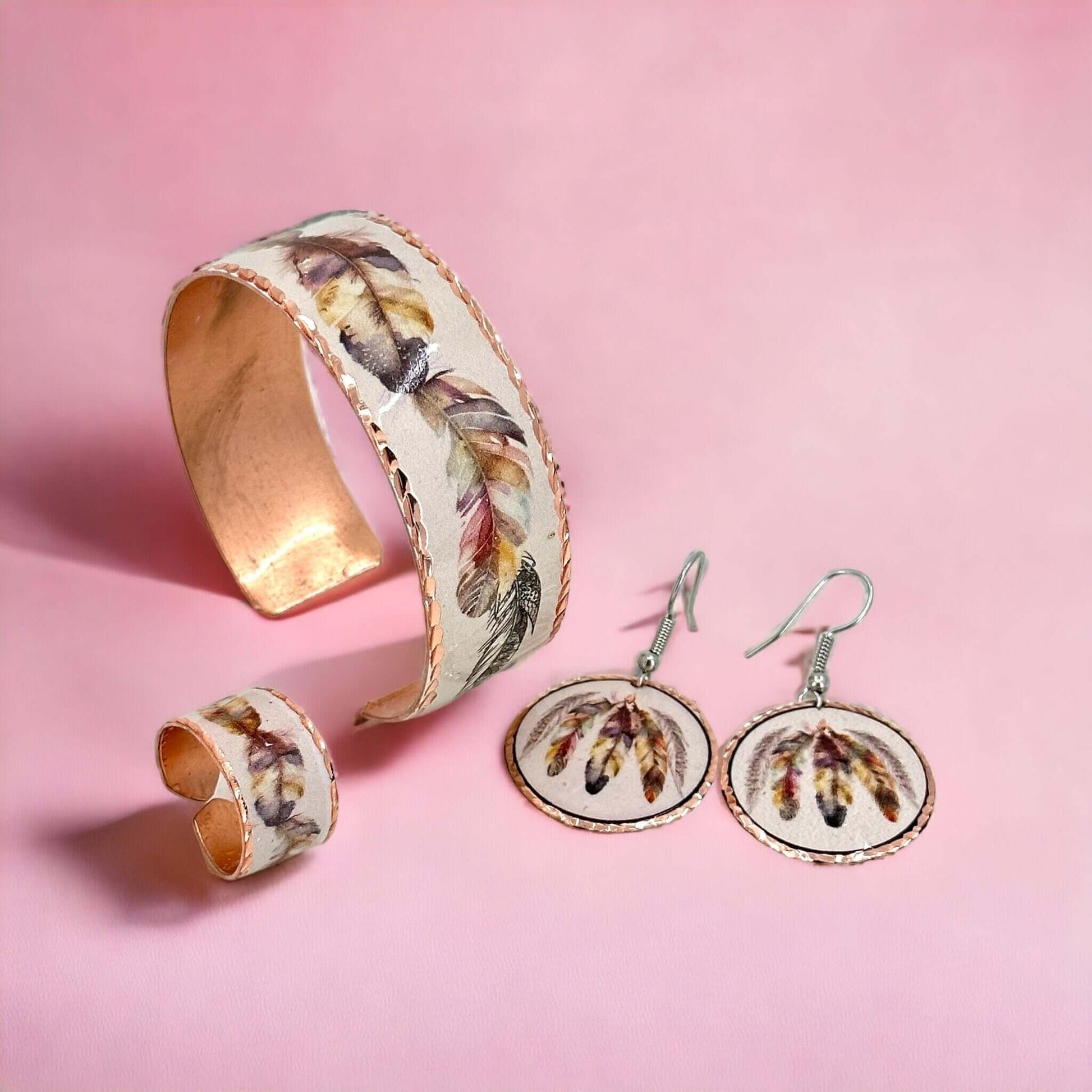  Feather Copper Adjustable Ring Bracelet Earrings Jewellery Set
