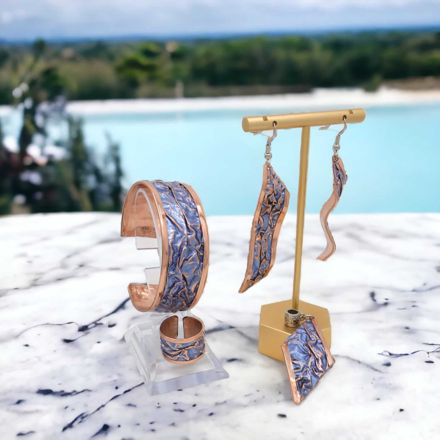  Blue Wrinkled Copper Jewelry Set Jewellery Bracelet Ring Earrings Necklace