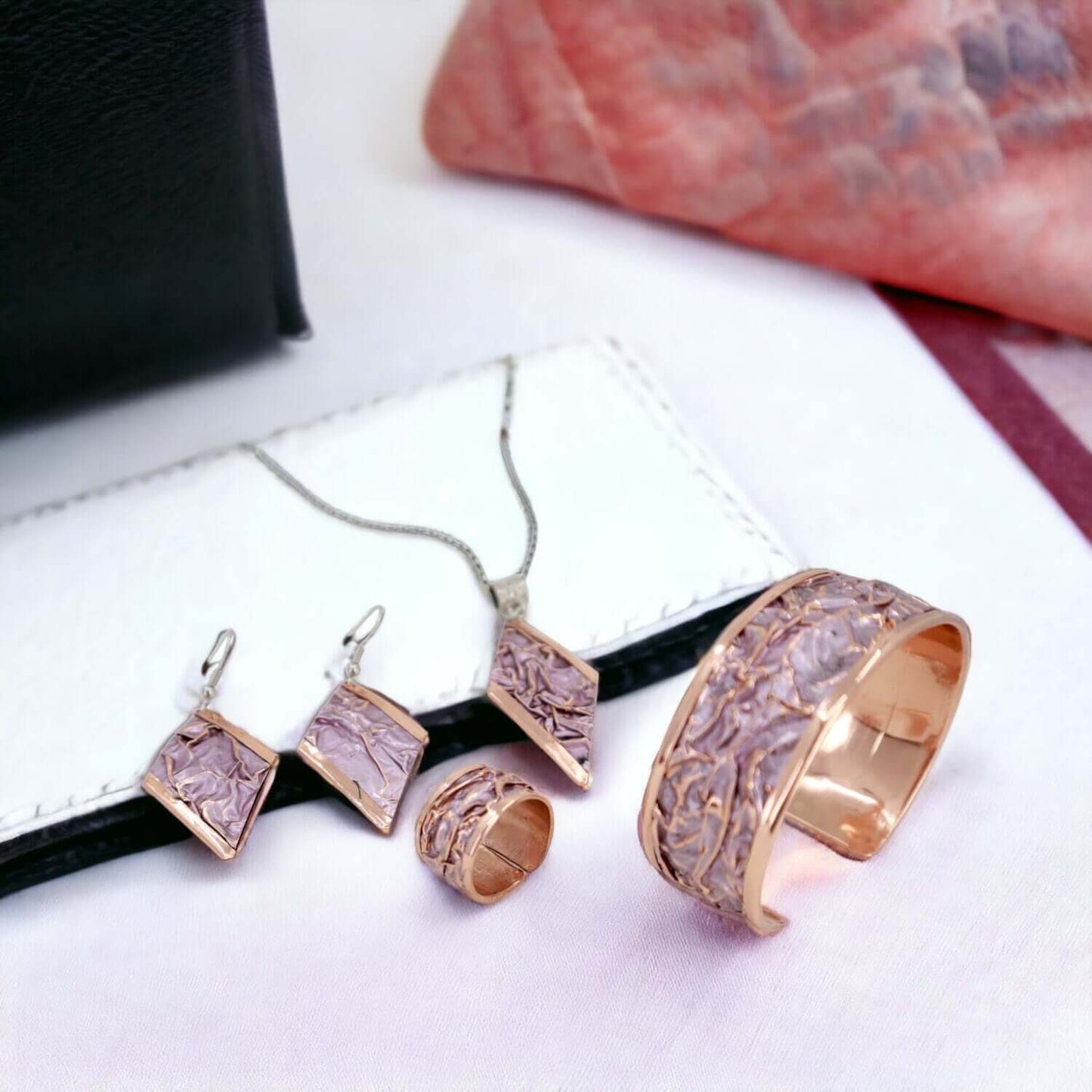 Pink Copper Wrinkled Necklace Earring Adjustable Ring Bracelet Set Christmast Birthday Anniversary Gift, Gift for her, Dangly Earring, Gift for Women