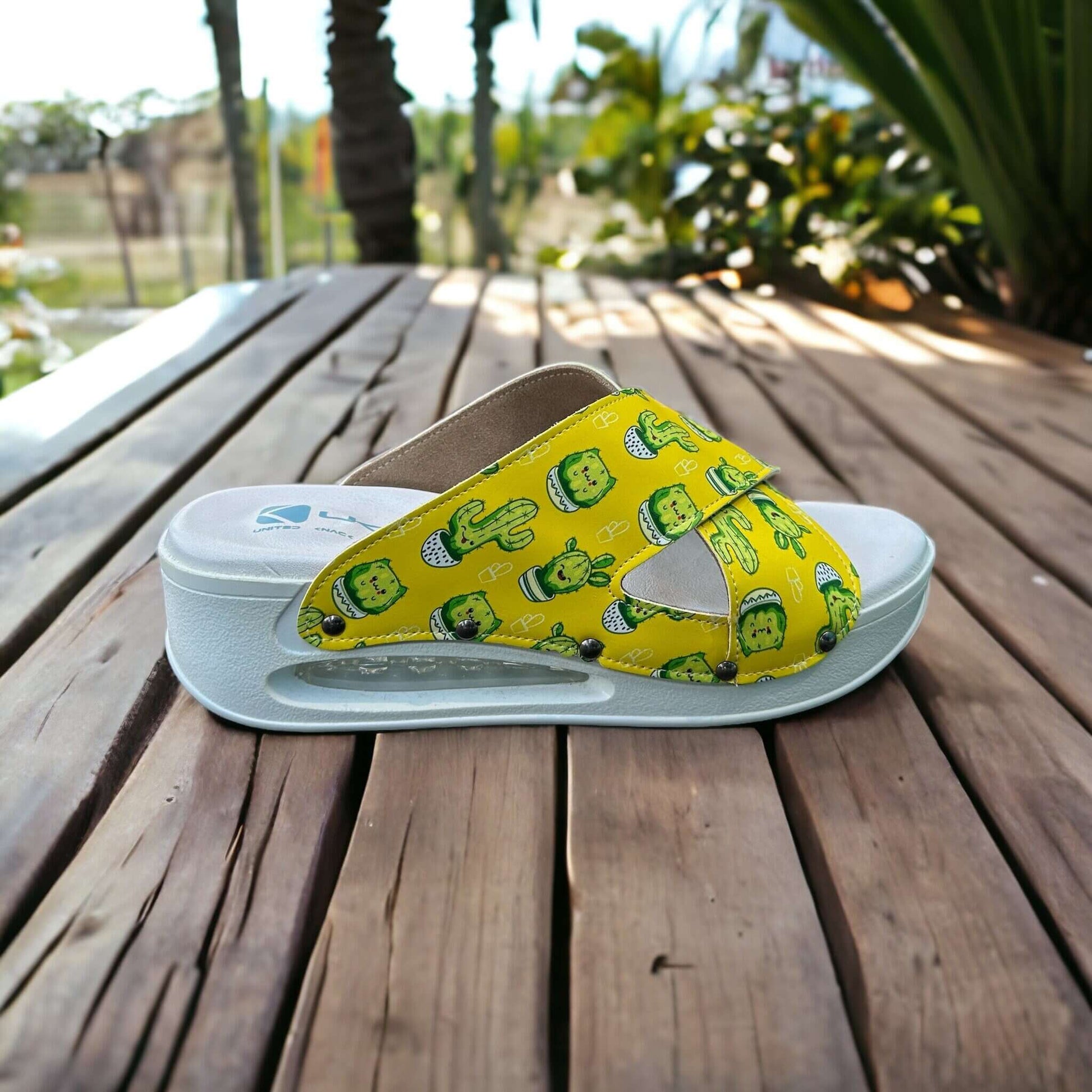 Cactus Pattern Cross Band Air Clogx Leather Slippers Clogs Sandals