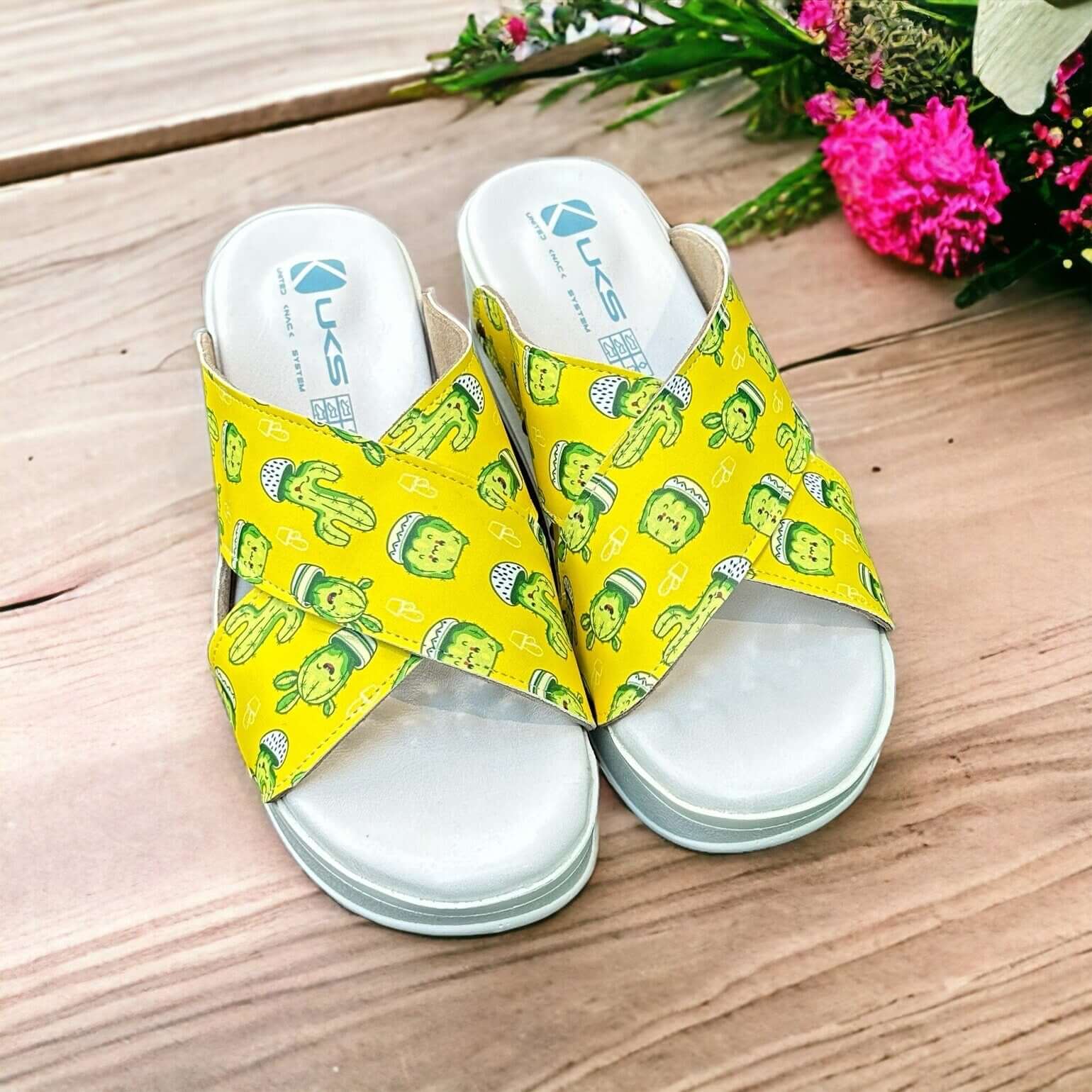 Cactus Pattern Cross Band Air Clogx Leather Slippers Clogs Sandals