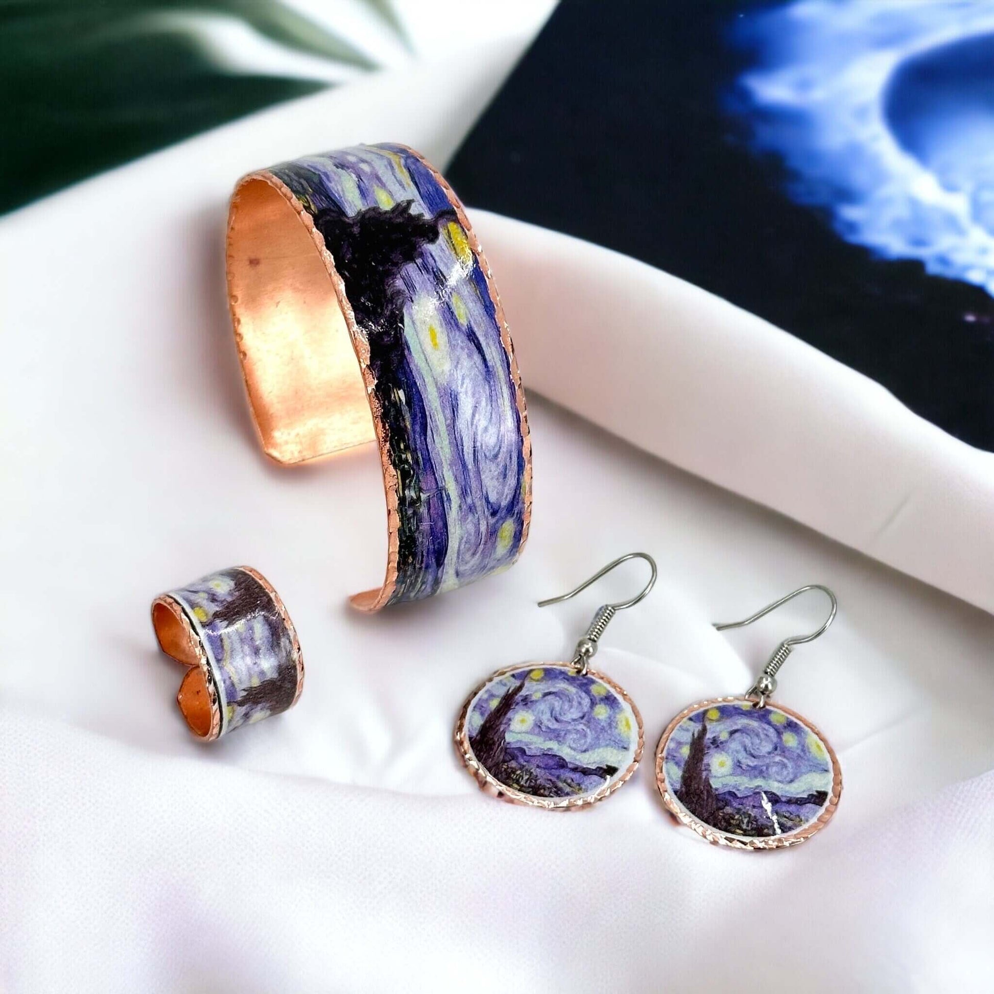  Van Gogh Starry Night Copper Adjustable Ring Earrings Bracelet Jewellery Set