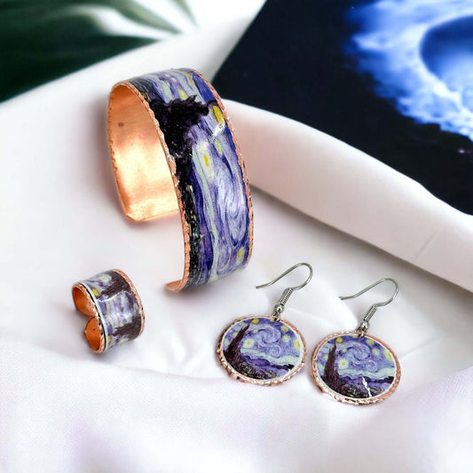  Van Gogh Starry Night Copper Adjustable Ring Earrings Bracelet Jewellery Set