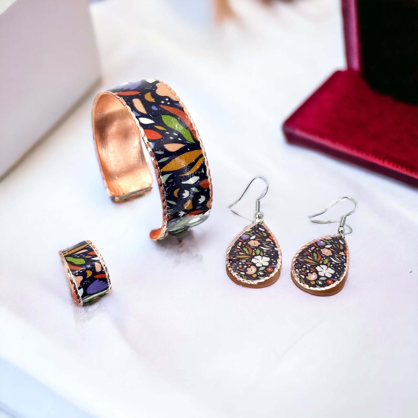  Purple White Flowers Copper Adjustable Ring Bracelet Earrings Set