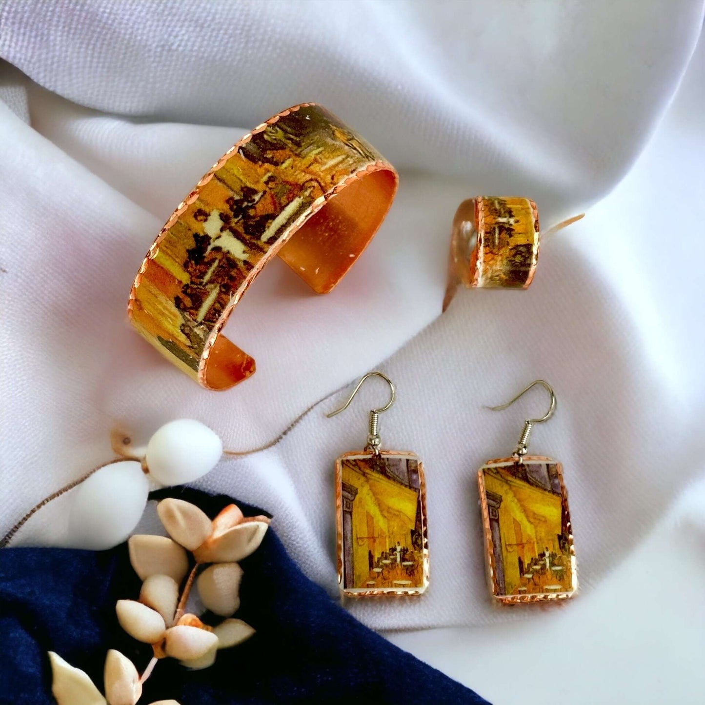 Vincent Van Gogh Cafe Terrace at Night Copper Adjustable Ring Bracelet Earrings Jewellery Set